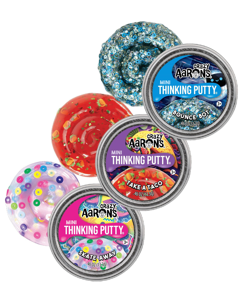 Matty's Toy Stop Bounce Bot mini tin close-up with glitter gears for tactile play.