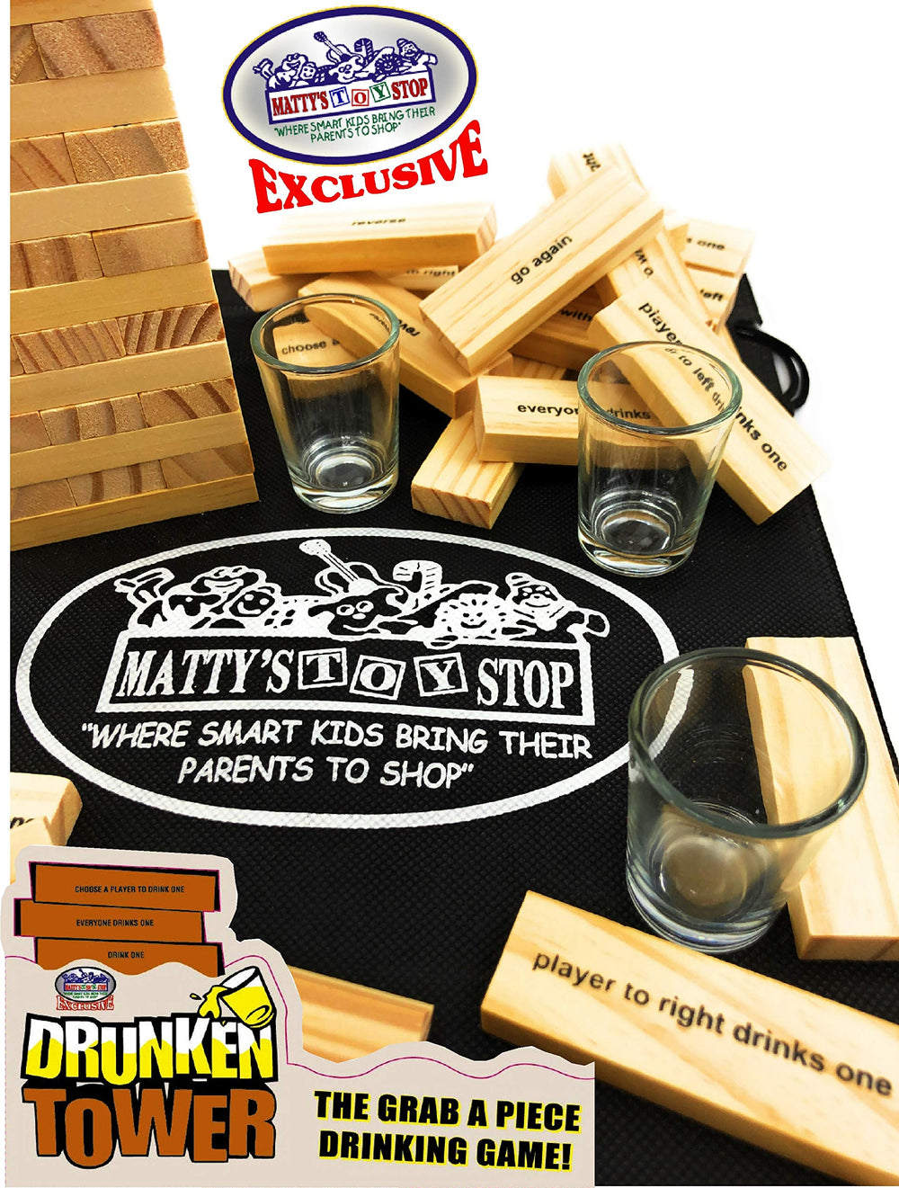Matty's Toy Stop Drunken Tower glasses ready for tasty sipping dares