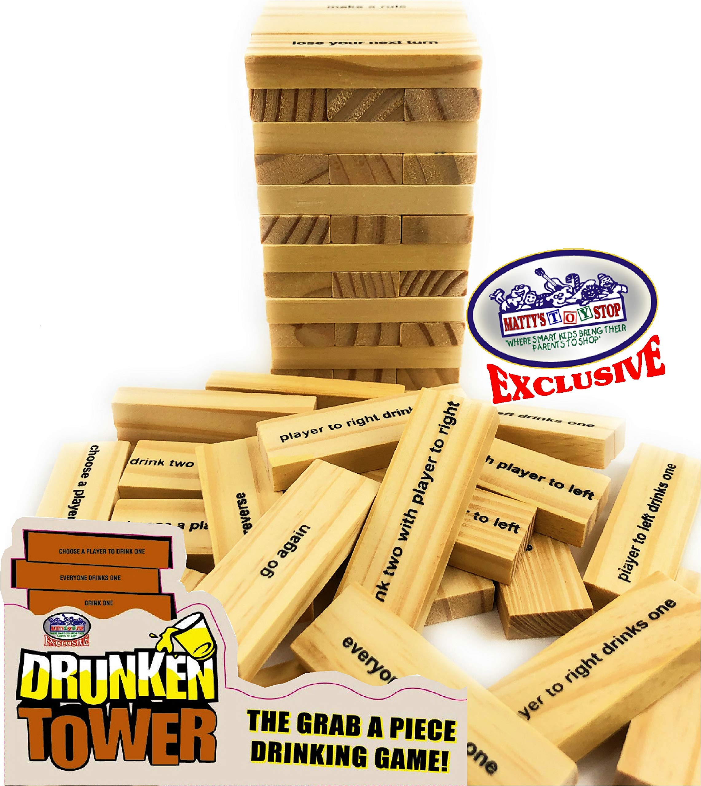 Matty's Toy Stop Drunken Tower in action with friends laughing