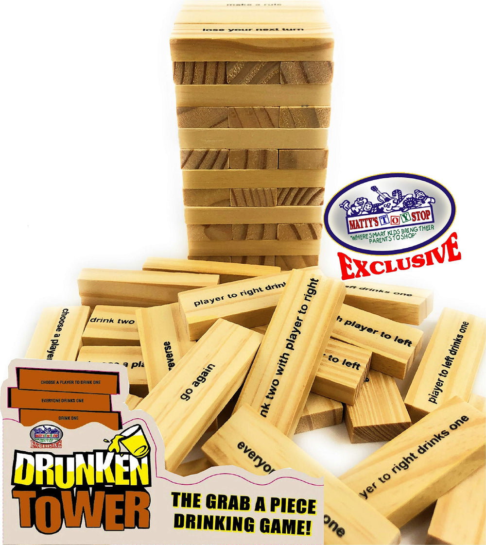 Matty's Toy Stop Drunken Tower in action with friends laughing