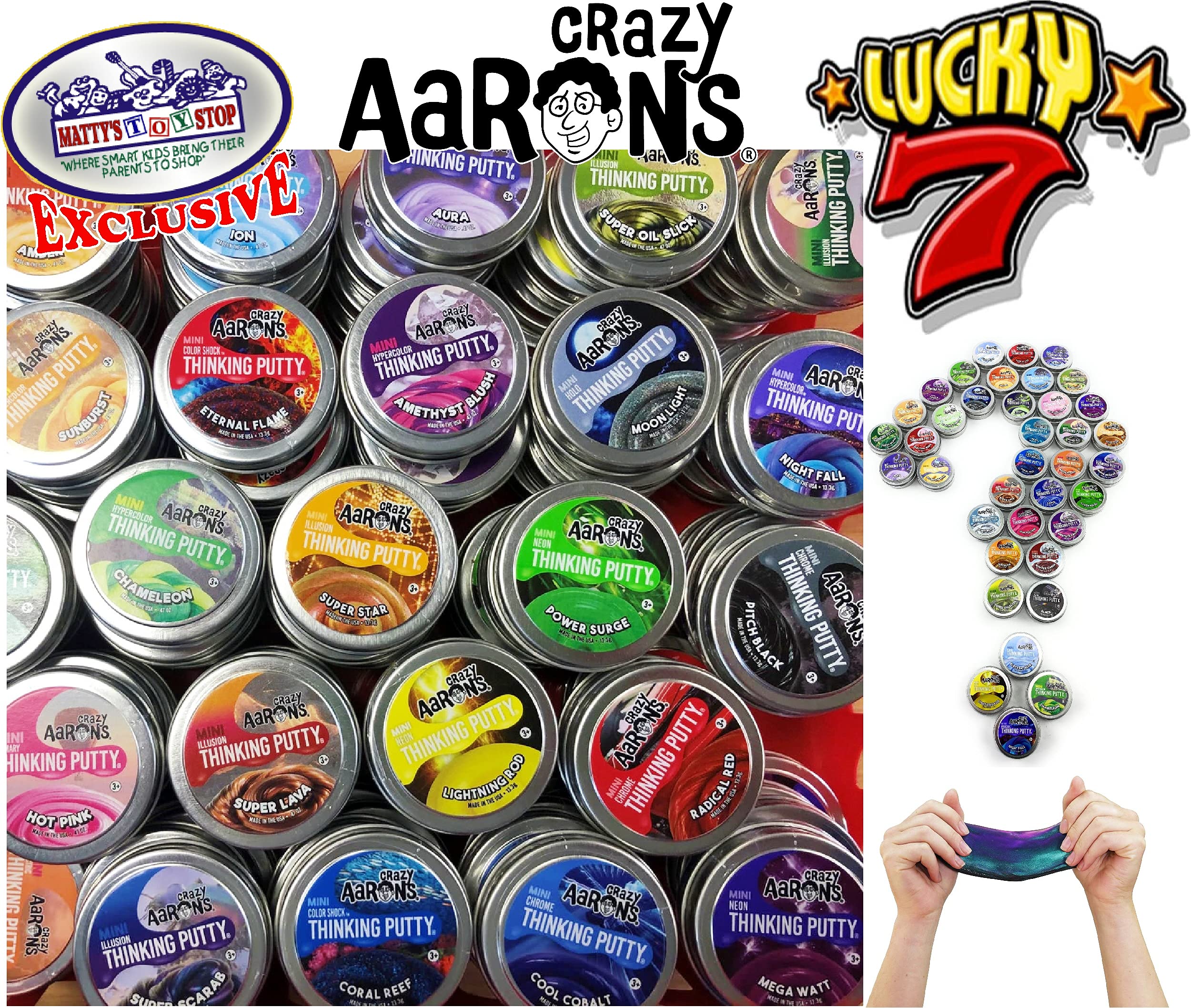 Matty's Toy Stop Lucky 7 colors close-up shows vibrant tactile putty tins.