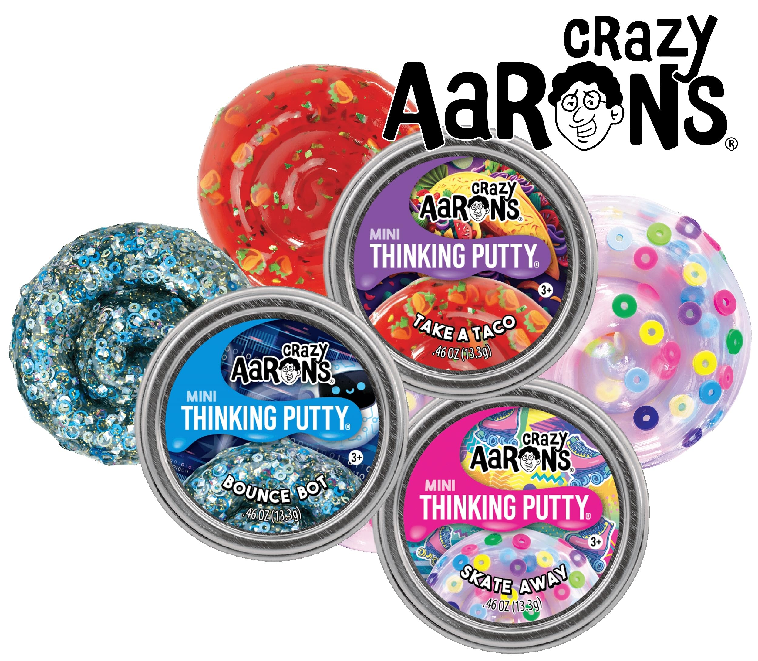 Matty's Toy Stop Skate Away mini tin close-up for creative stretches and colorful storytelling.