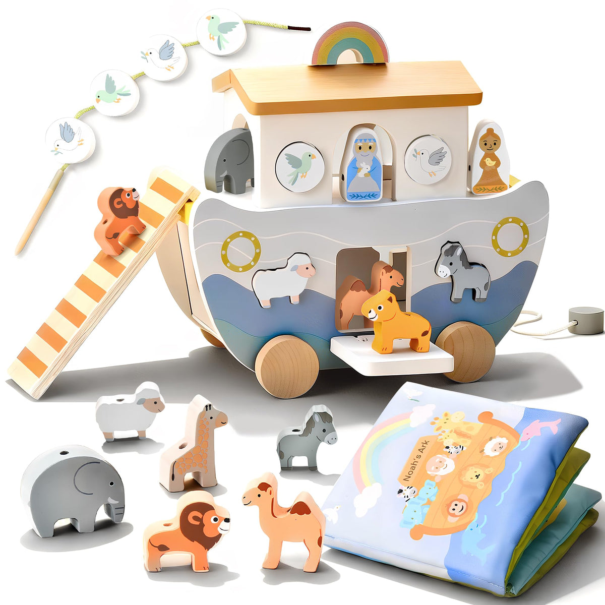 Mauzutta wooden Noahs Ark pull-along with rolling wheels for active toddlers