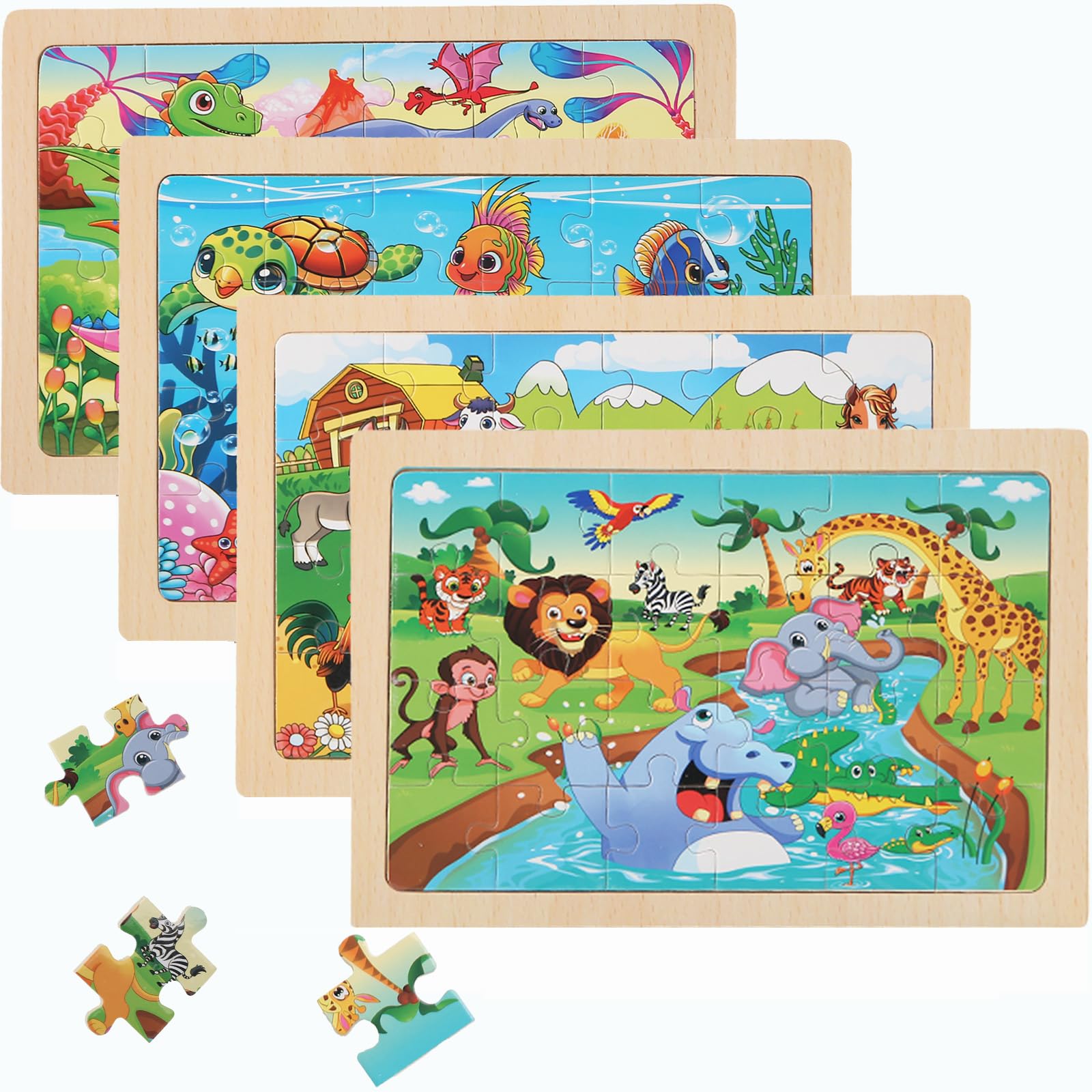 MAX JHQIQU wooden puzzles four-pack for kids, varied themes encourage problem-solving play