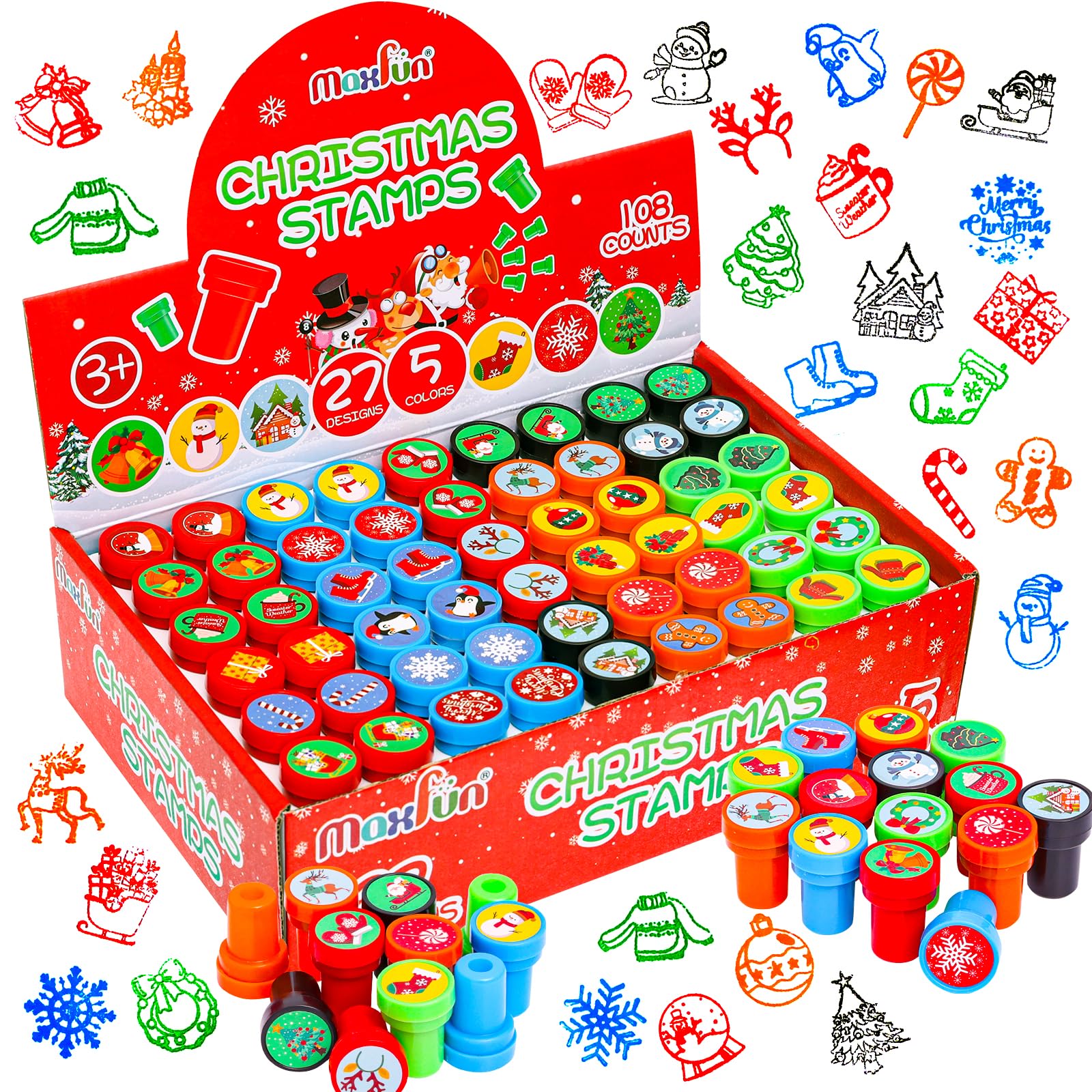 Max Fun 108Pcs Christmas Stamps designs showcase 27 options for party favors.