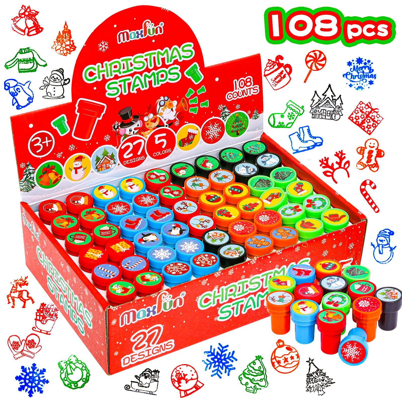 Max Fun 108Pcs Christmas Stamps packaged contents for festive arts and crafts.