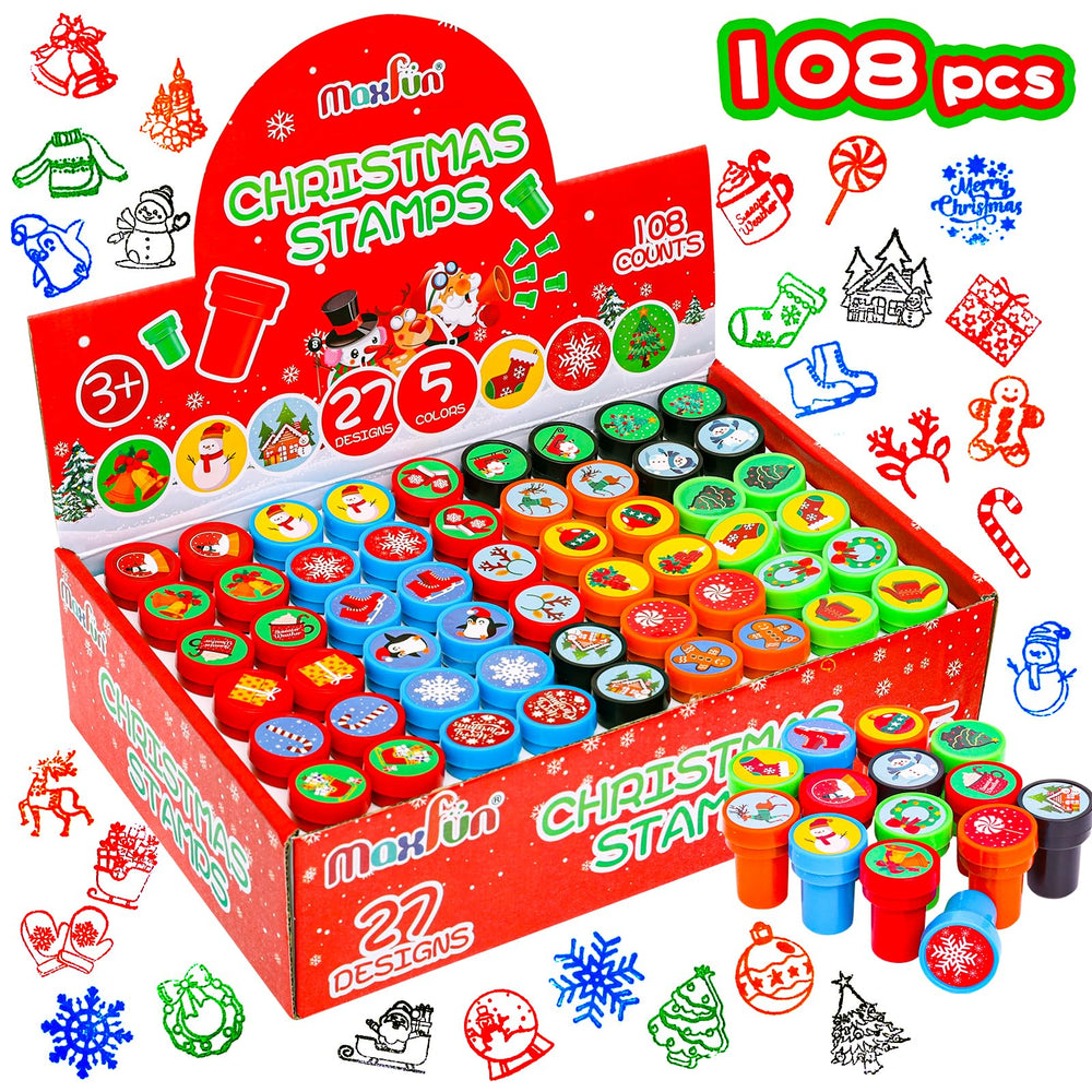 Max Fun 108Pcs Christmas Stamps packaged contents for festive arts and crafts.