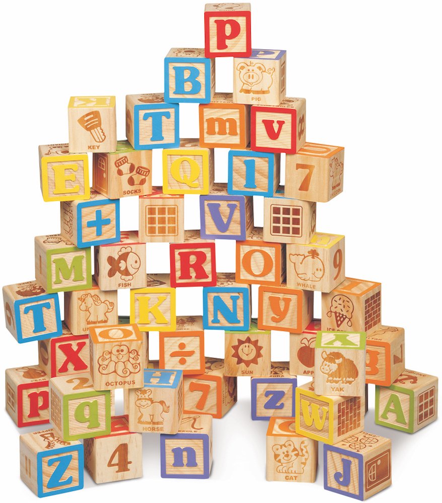 Maxim Deluxe wooden blocks show alphabet letters for early reading and word-picture learning.