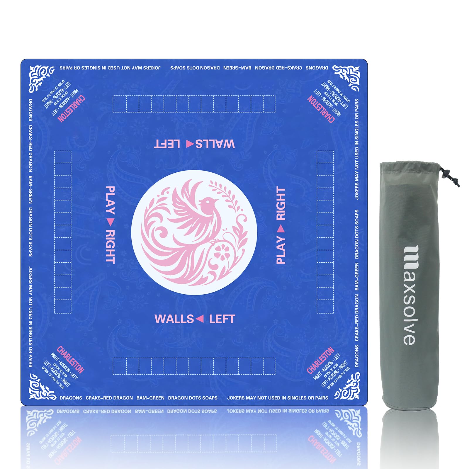 Maxsolve Mahjong Mat blue on table offers comfortable play surface for mahjong and card games.