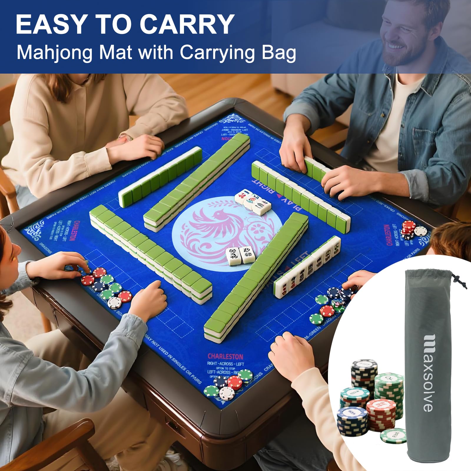 Maxsolve Mahjong Mat blue design adds stylish flair to family game time.
