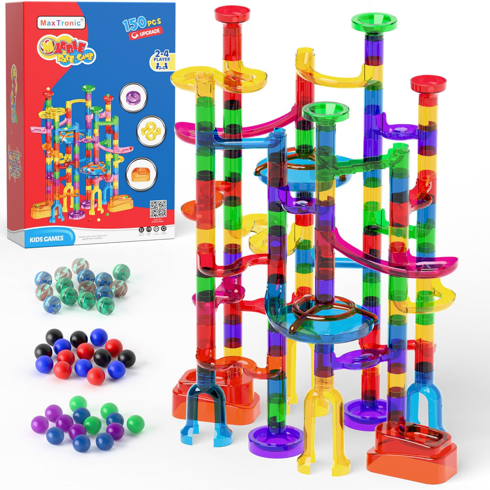 MaxTronic Marble Run kit top view shows colorful tubes for immersive play