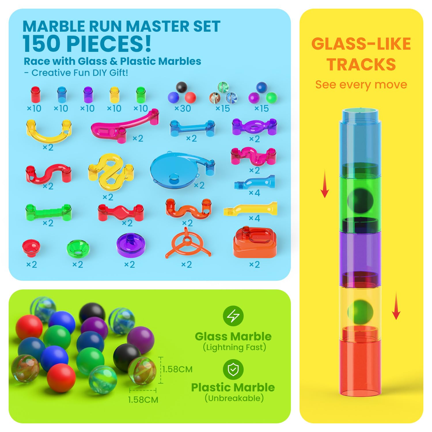 MaxTronic marble run 150pcs transparent track highlights marble path visibility