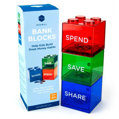 Maxwill Save-Spend-Share piggy bank in clear design helps kids visualize savings growth.