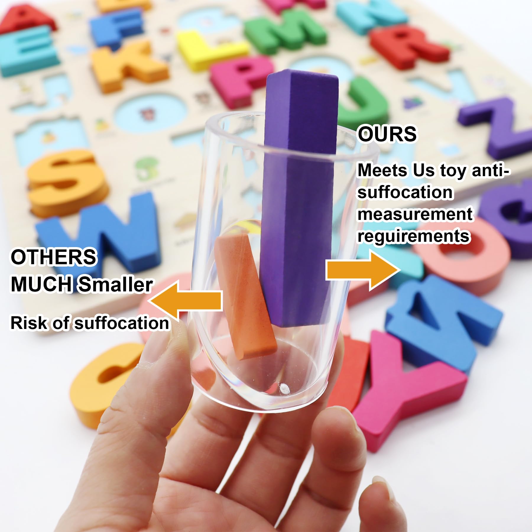 MAYAPHILOS letters-insertion puzzle teaches fine motor skills and hand–eye coordination.