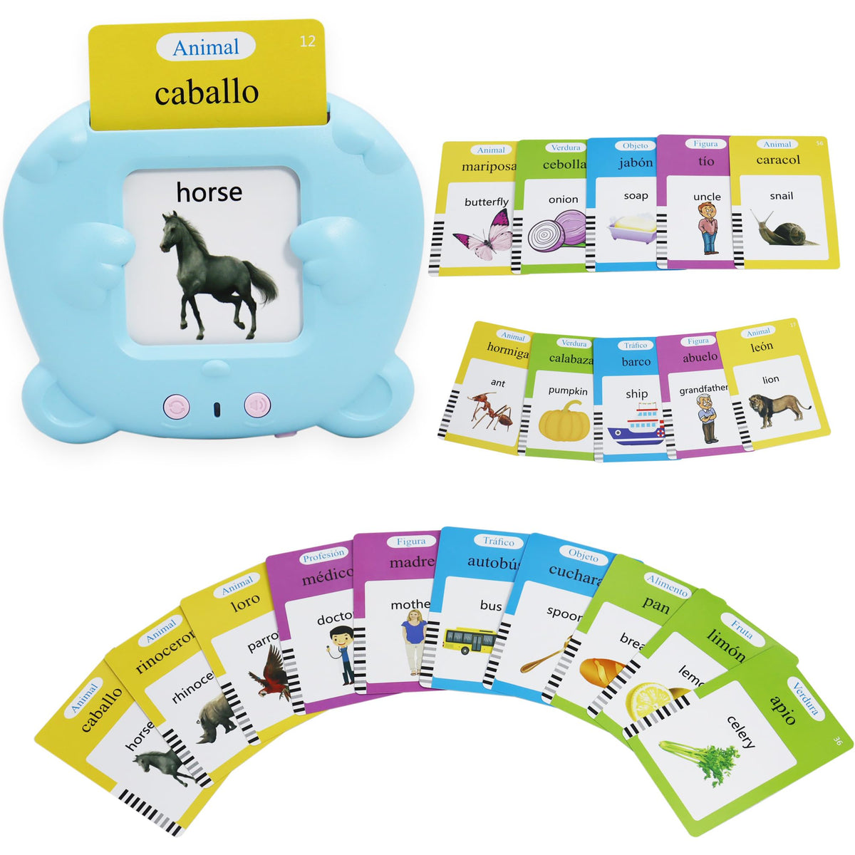 MAYAPHILOS pocket flashcards display English and Spanish words for bilingual practice.