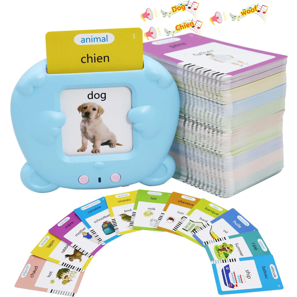 MAYAPHILOS talking flash cards reveal English-French pairs for daily bilingual practice.