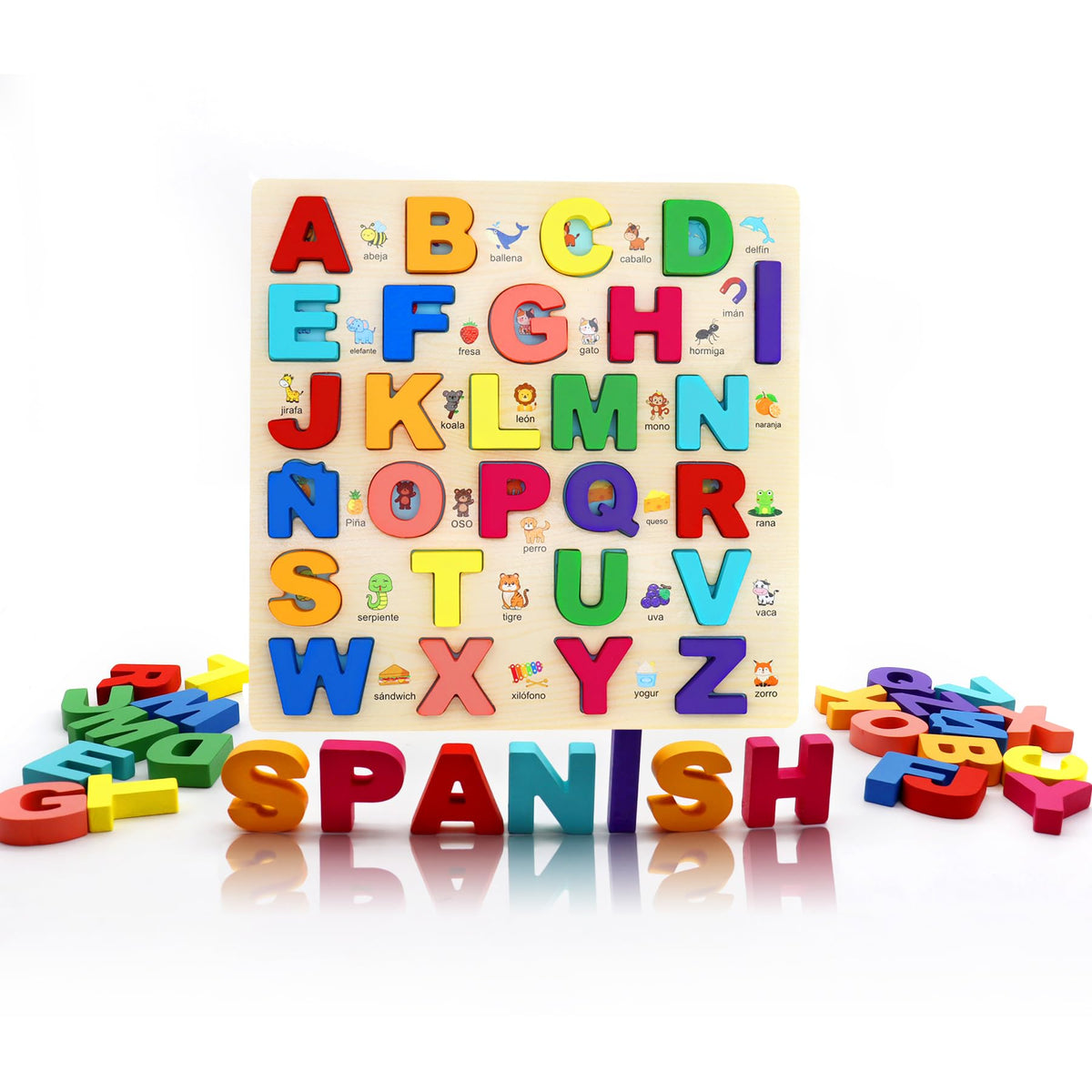 MAYAPHILOS wooden alphabet puzzle with 27 Spanish letters for early reading practice.