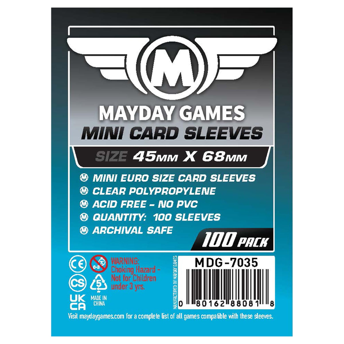 Mayday Games mini card sleeve 45x68mm – pack of 100, keeps cards protected during play.