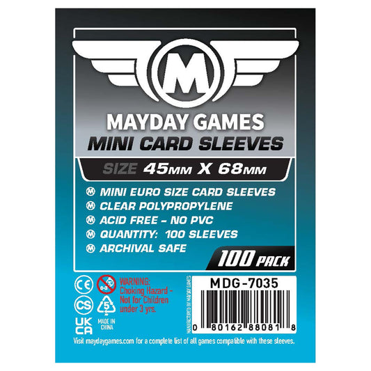 Mayday Games mini card sleeve 45x68mm – pack of 100, keeps cards protected during play.