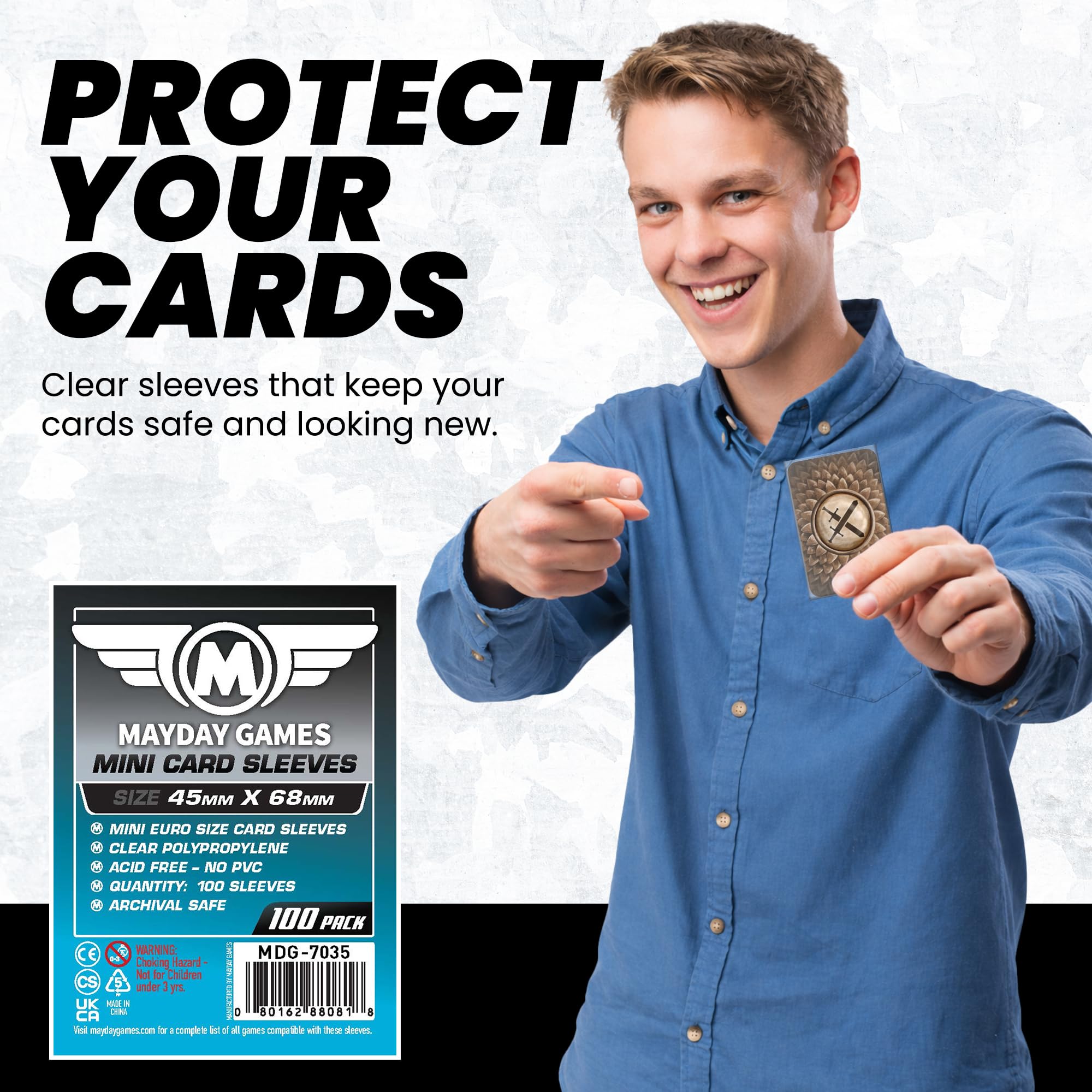 Mayday Games mini card sleeve uses clear polypropylene for high visibility and durability.