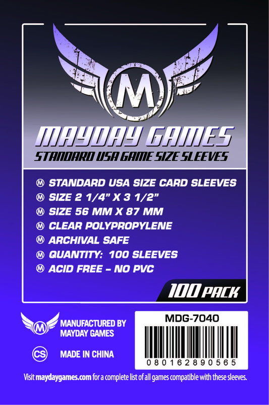 Mayday Games Purple Label sleeves 56x87mm clear film – ensures easy shuffling and visibility.