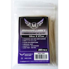 Mayday Games Purple Label sleeves 56x87mm in use with cards – standard USA size.