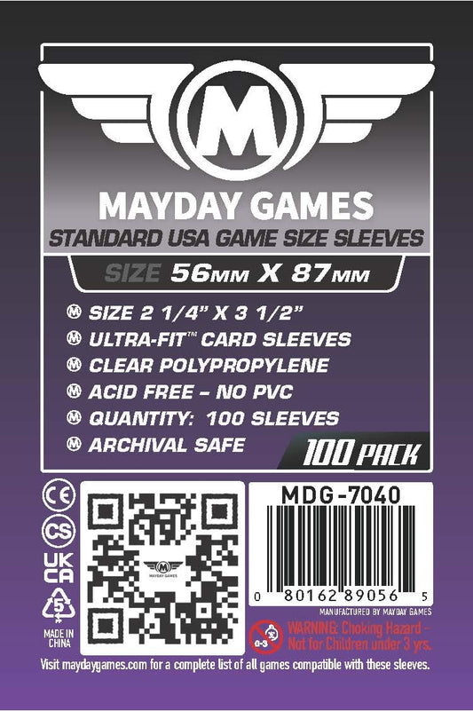 Mayday Games Purple Label sleeves 56x87mm pack – protects cards during storage.