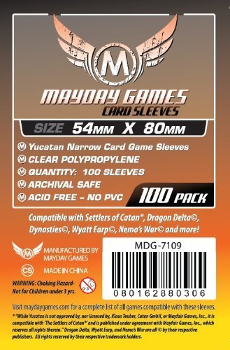 Mayday Yucatan narrow sleeves for 54x80 mm cards, clear polypropylene protection for Settlers of Catan.