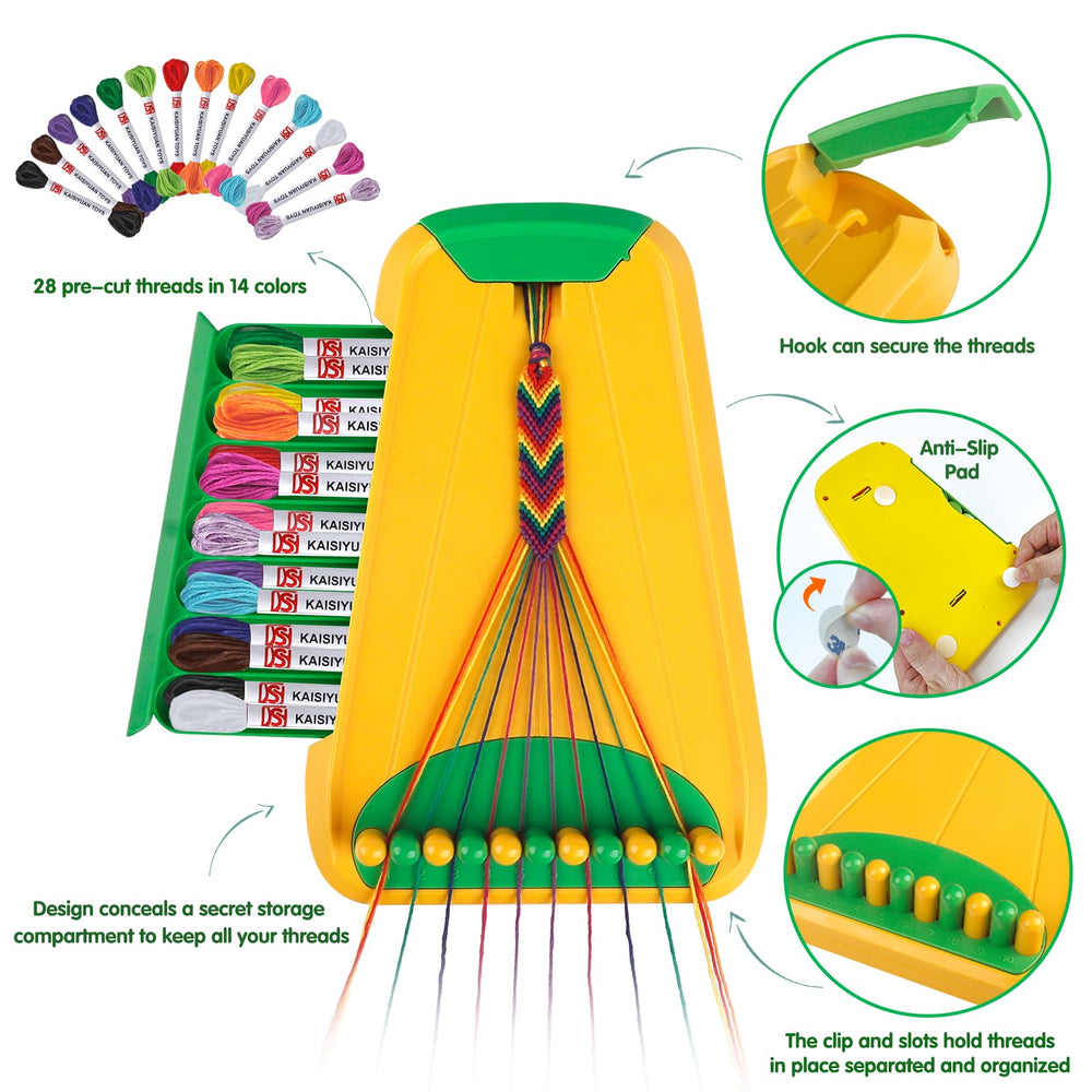 Maynacs bracelet maker setup showing child-friendly workspace and organized threading