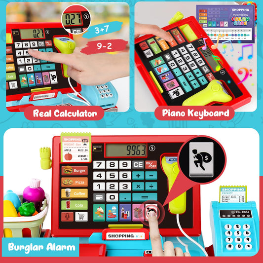 Maysida 52PCS toy cash register with scanner and mic for interactive pretend shopping