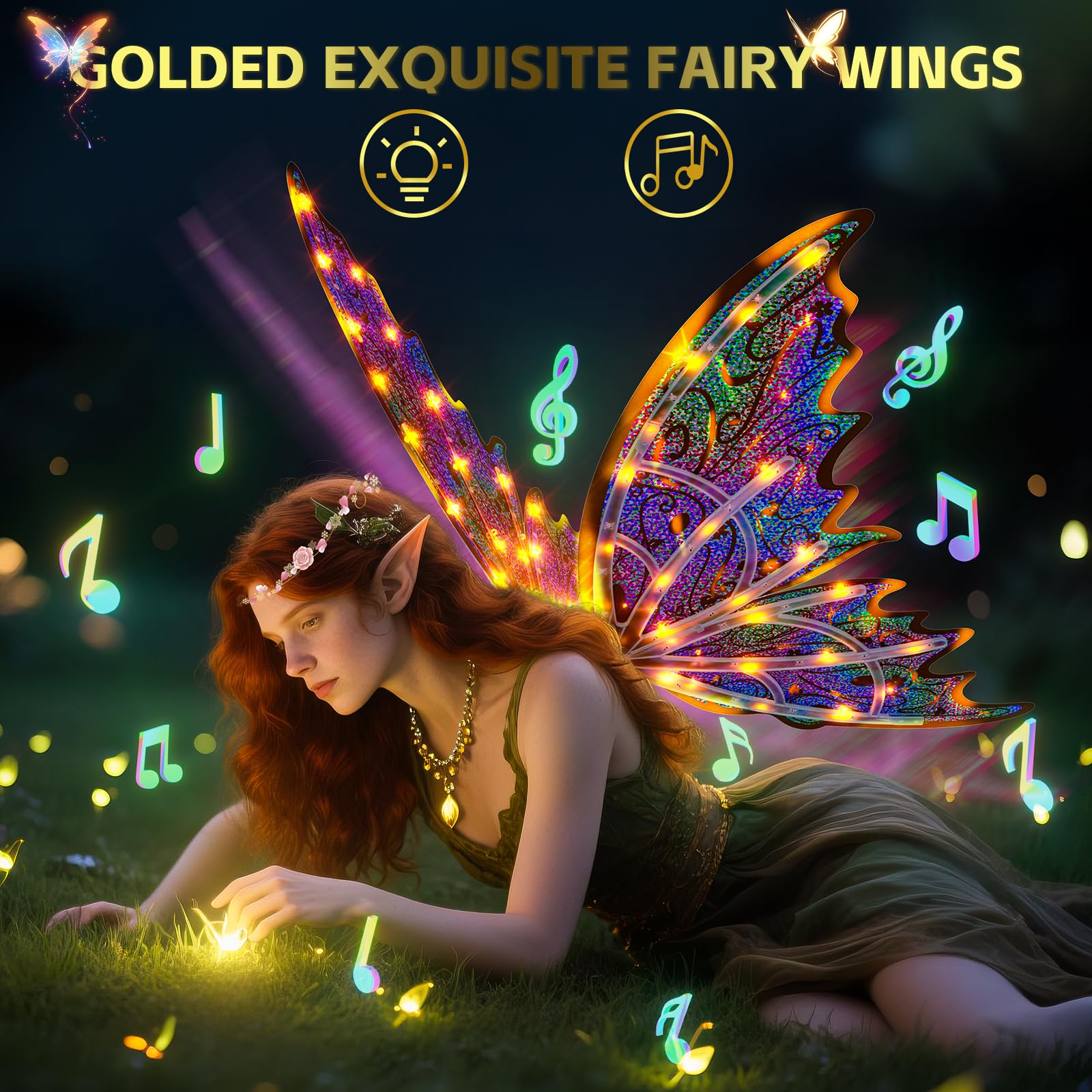 Maysida Gold LED Wings glow with vibrant colors for performances