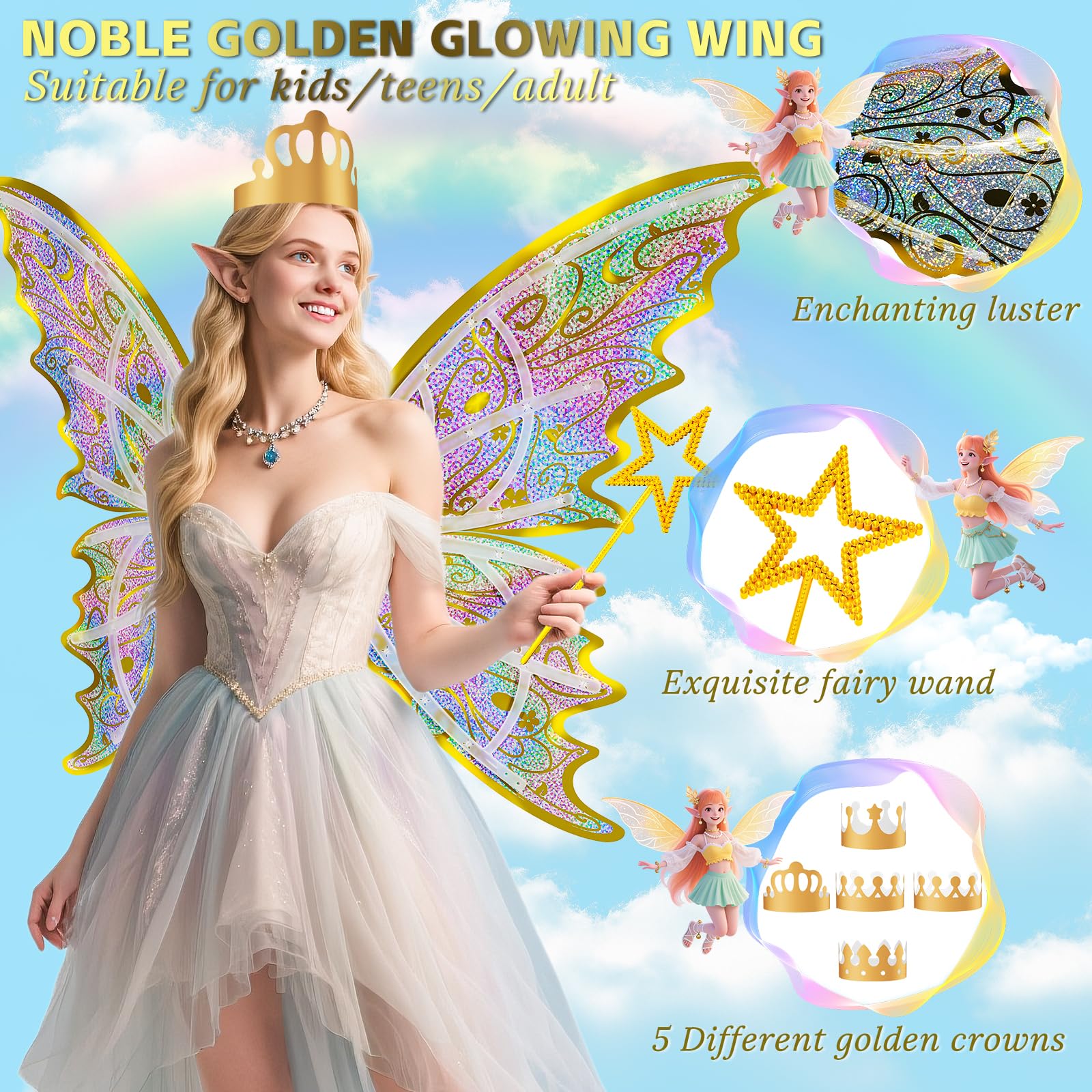 Maysida Gold Princess Crowns Set complements the fairy wings