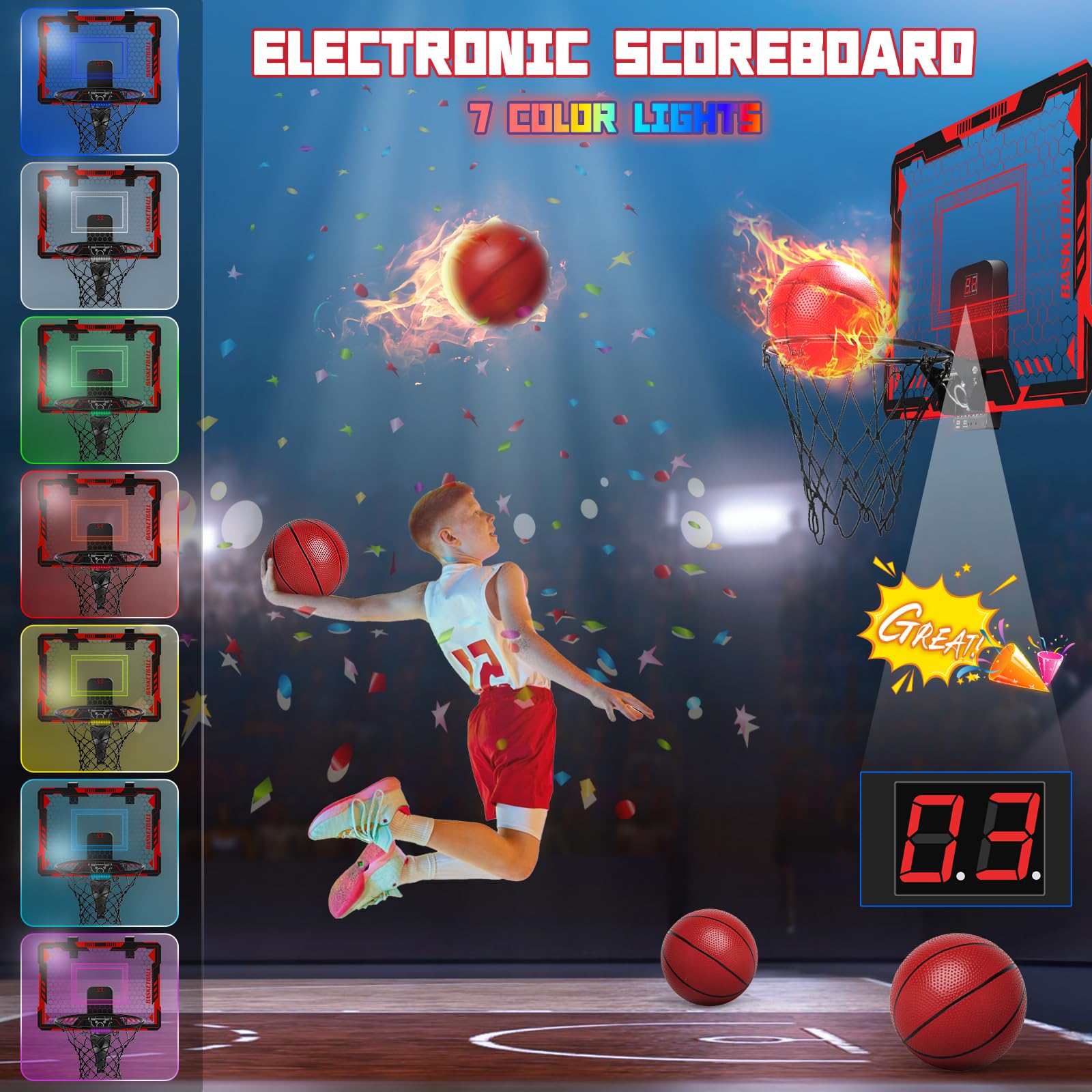 Maysida LED 7-color lights basketball hoop creates vibrant play for kids.