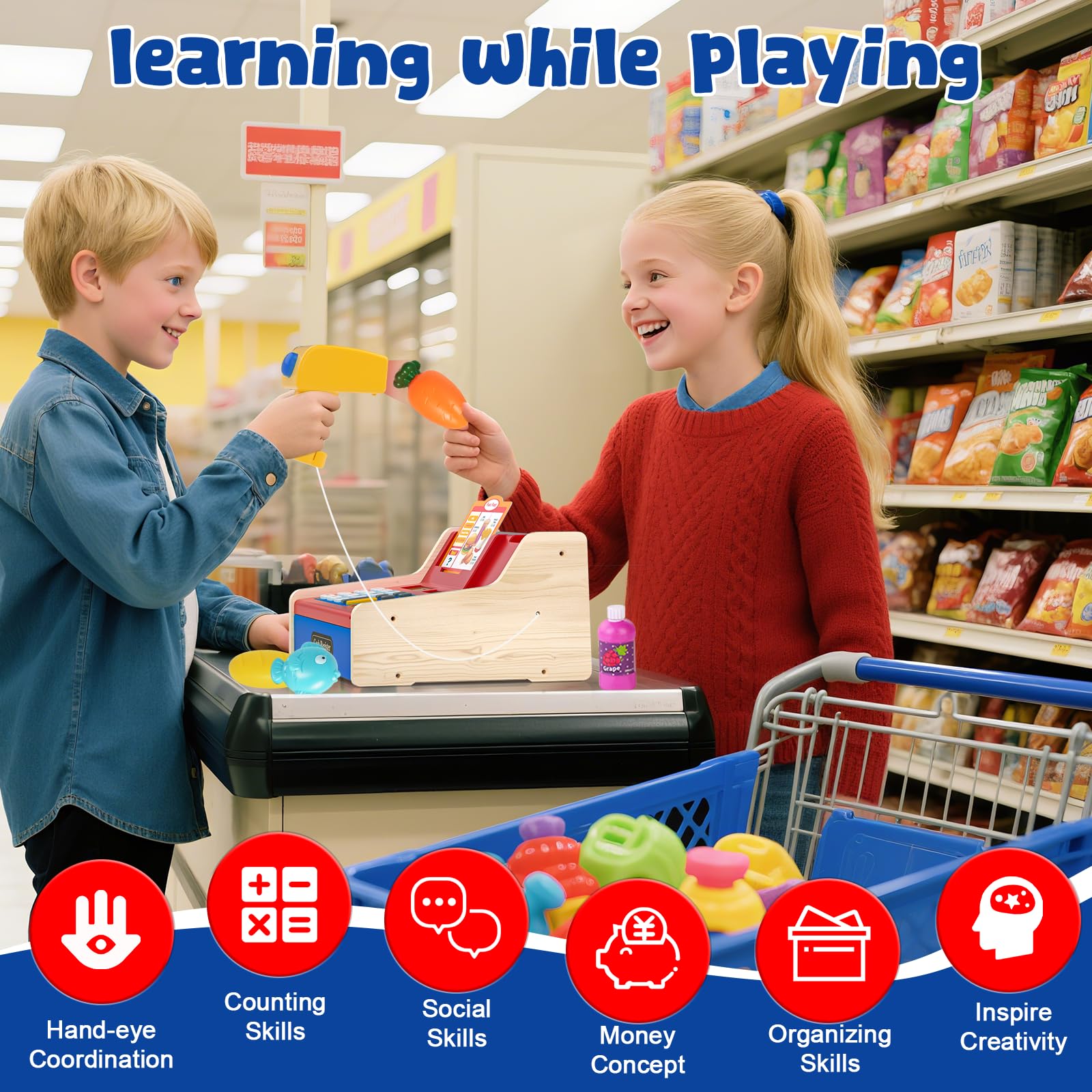 Maysida wooden cash register with accessories bundle supports role-play and early math skills.