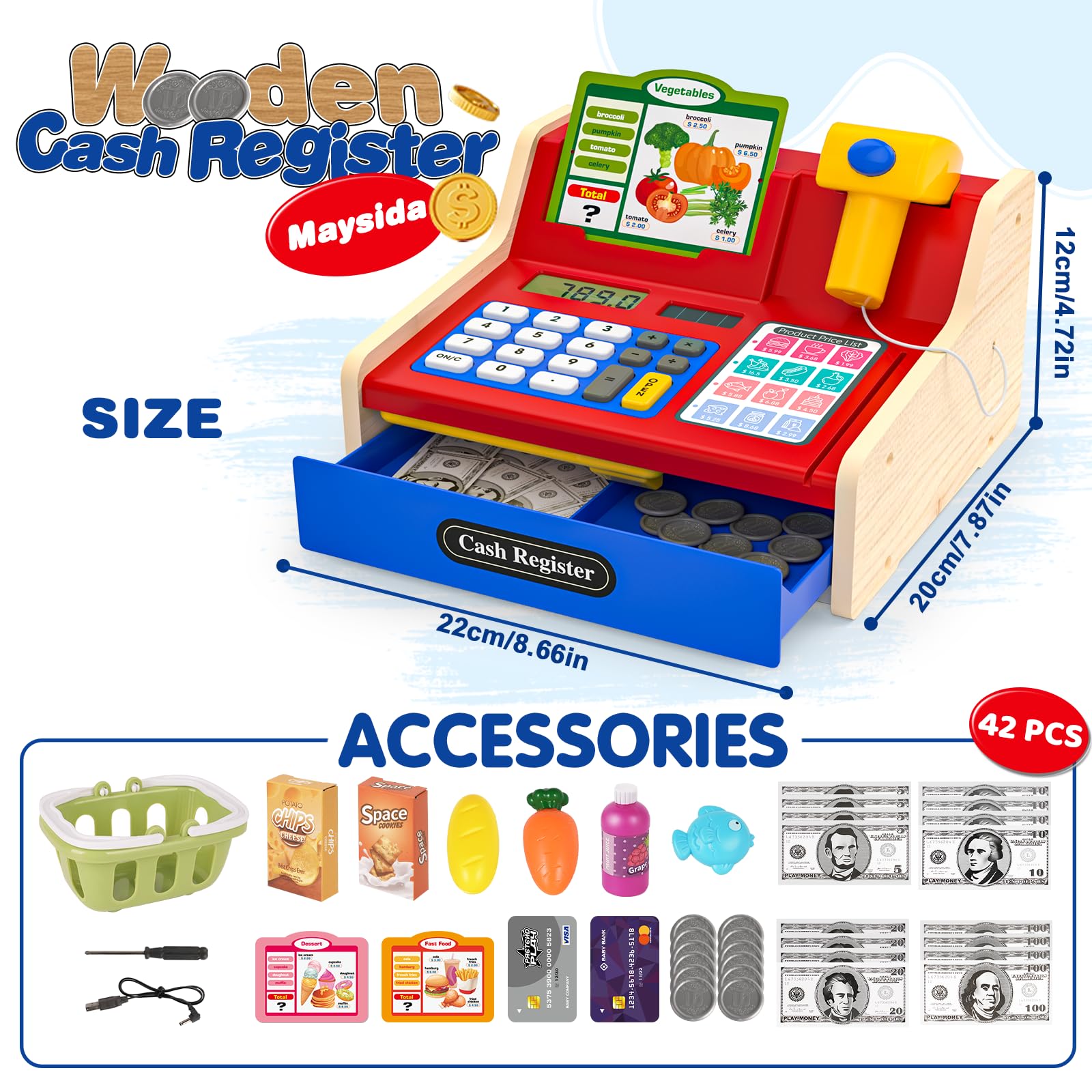 Maysida wooden cash register calculator lets kids do quick sums during pretend shopping.