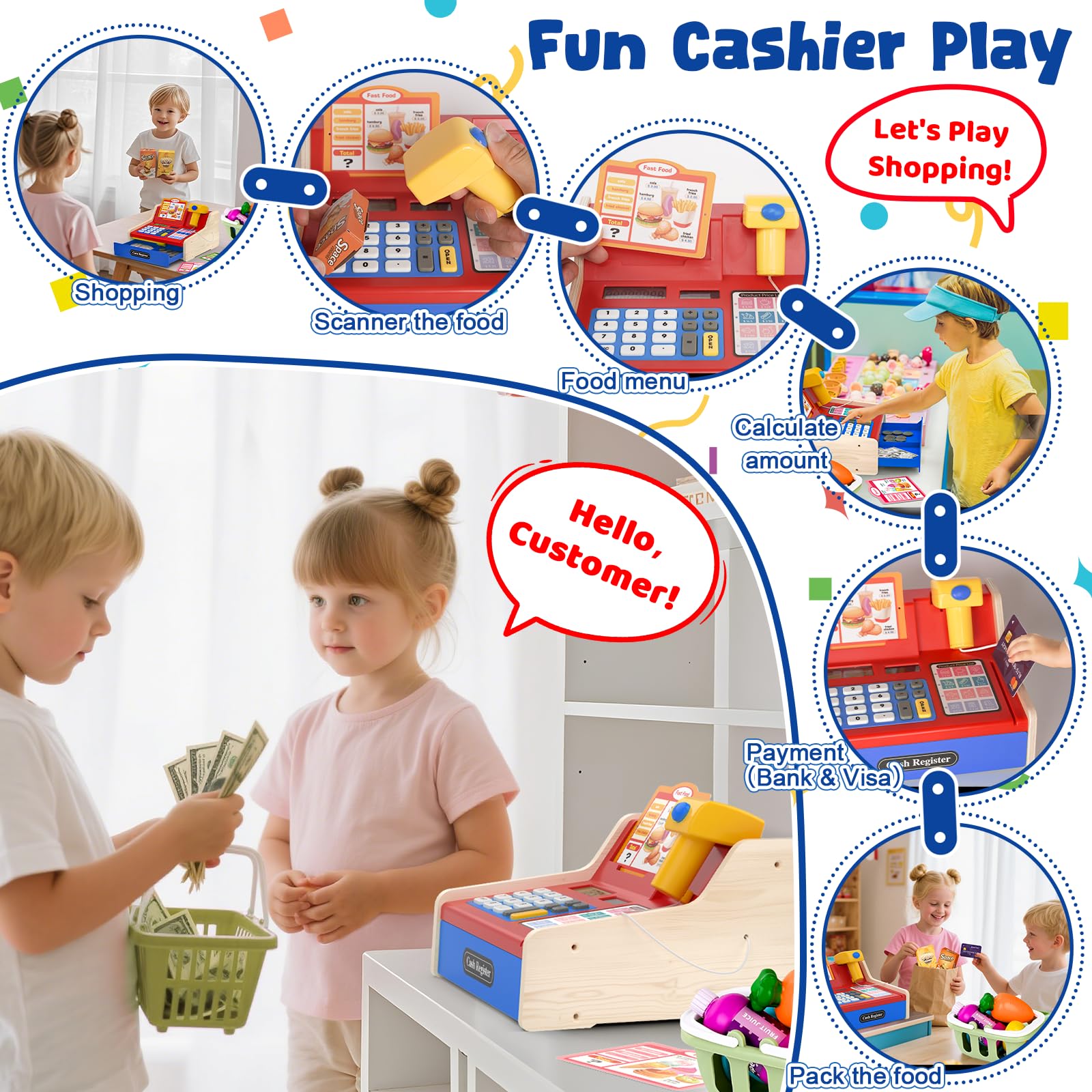Maysida wooden cash register money drawer opens for pretend coins and bills practice.