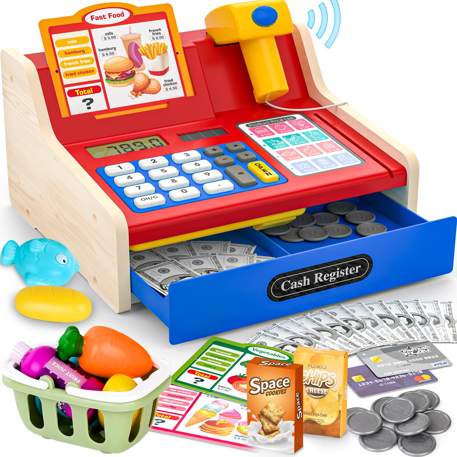 Maysida Rechargeable Wooden Cash Register with Scanner for imaginative play at checkout.