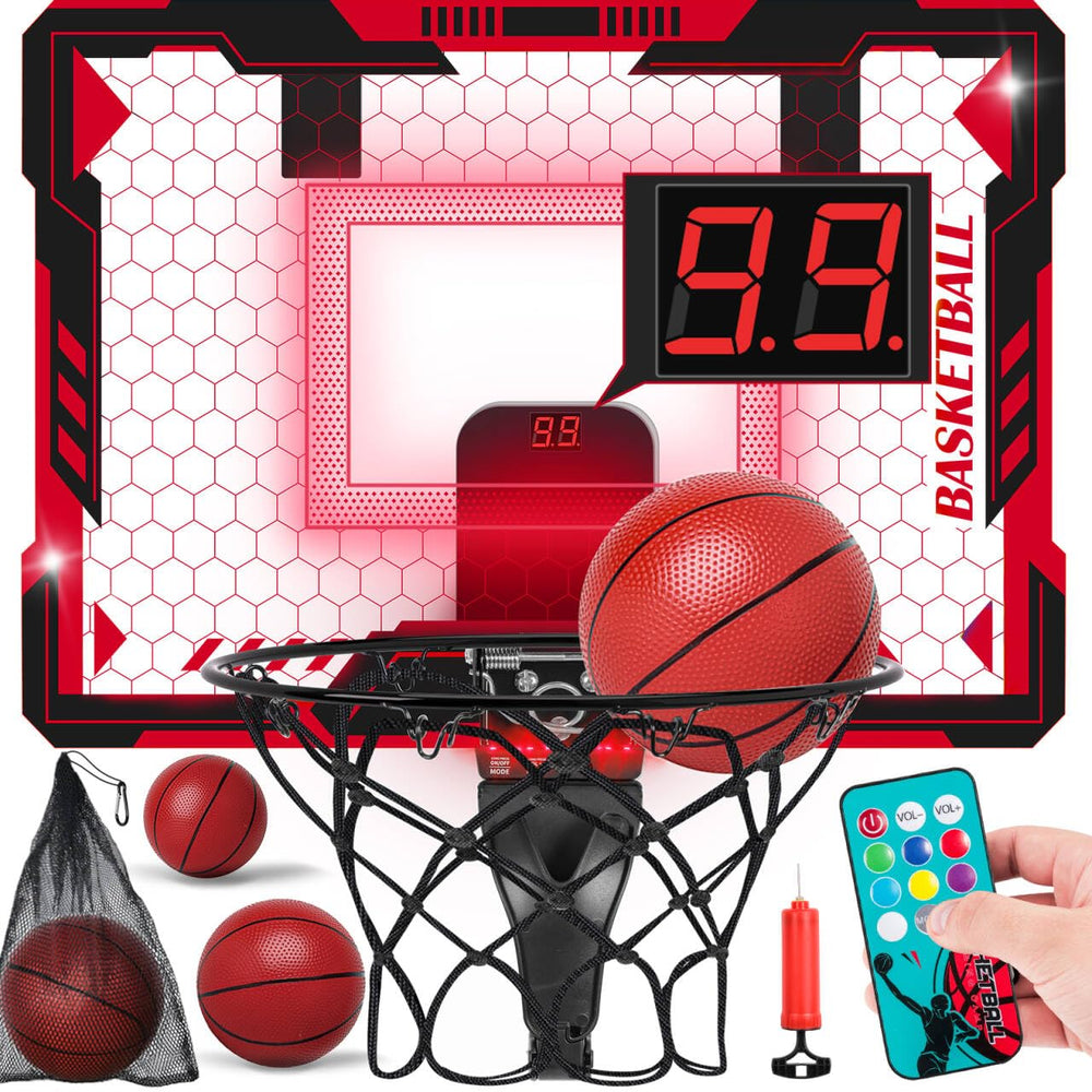 Maysida remote-control mini basketball hoop over door with LED lights for exciting play sessions.