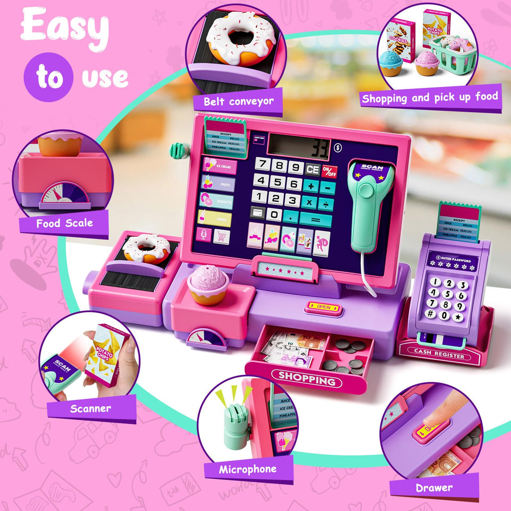 Maysida calculator-integrated cash register pink promotes counting and basic math during play.