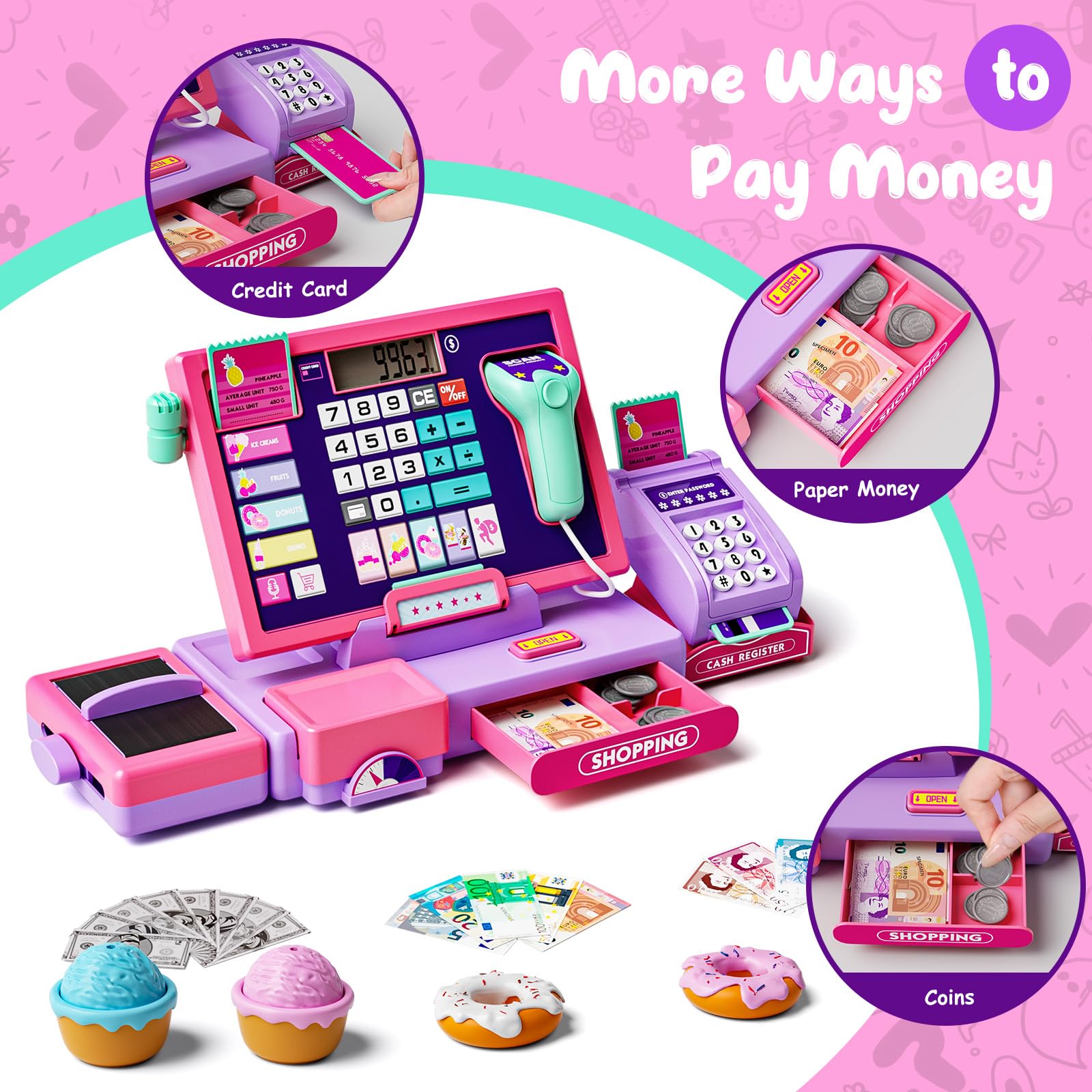 Maysida kid-friendly pink register with piano mode encourages creative storytelling.