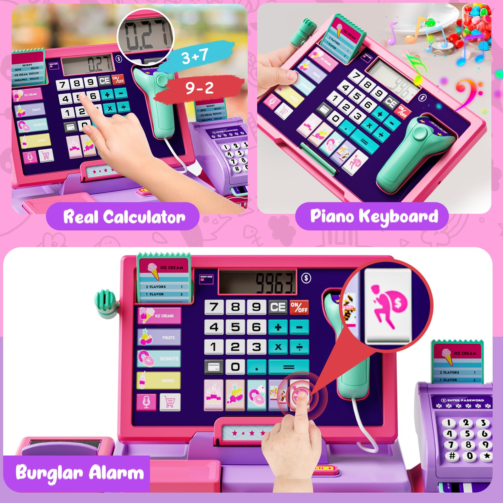 Maysida pink cash register with scanner highlights pretend shopping and role-play fun.