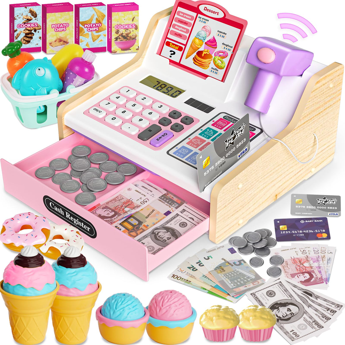 Maysida wooden cash register pink front view for pretend shopping and basic math