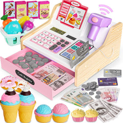 Maysida wooden cash register pink front view for pretend shopping and basic math