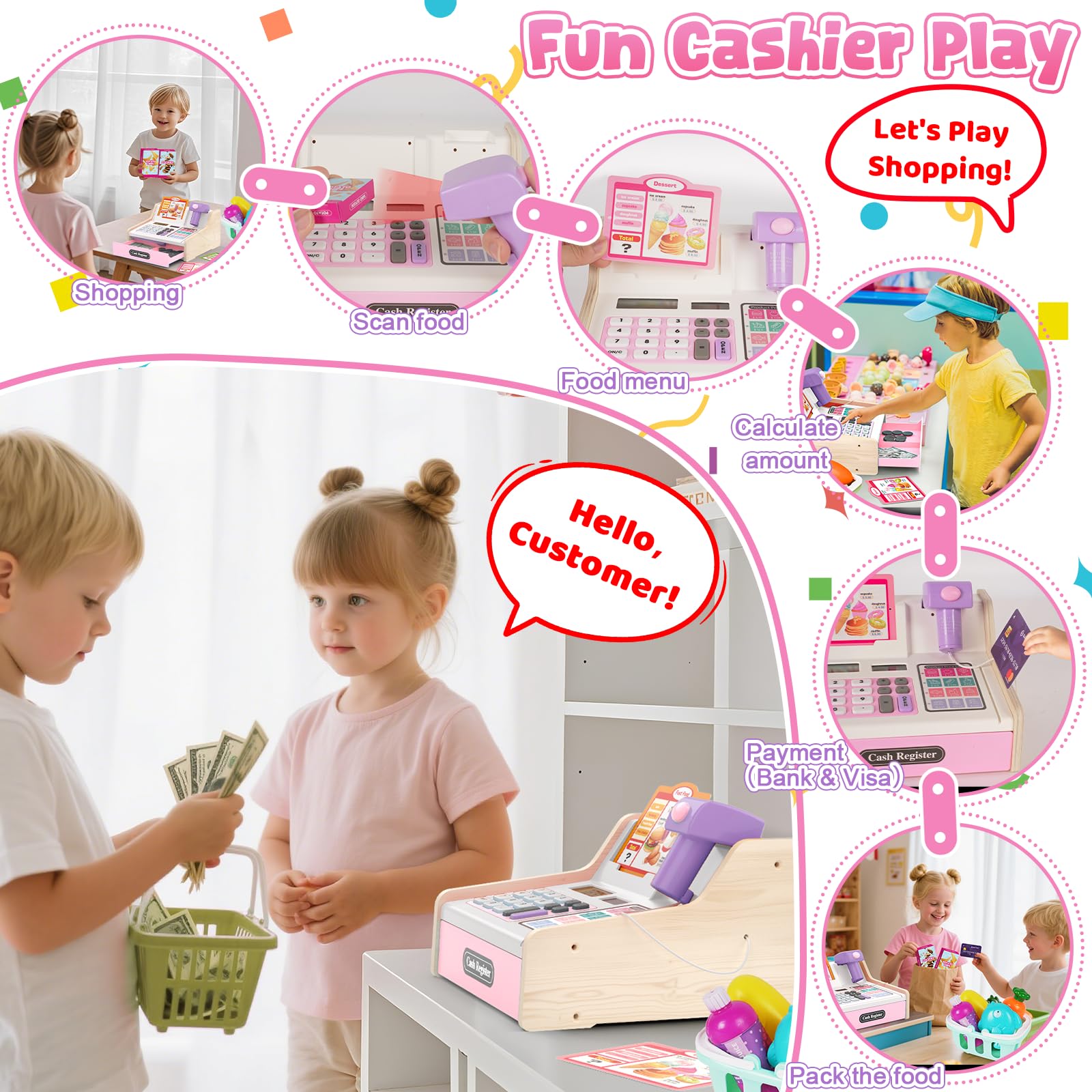 Maysida wooden cash register rechargeable battery for long play sessions