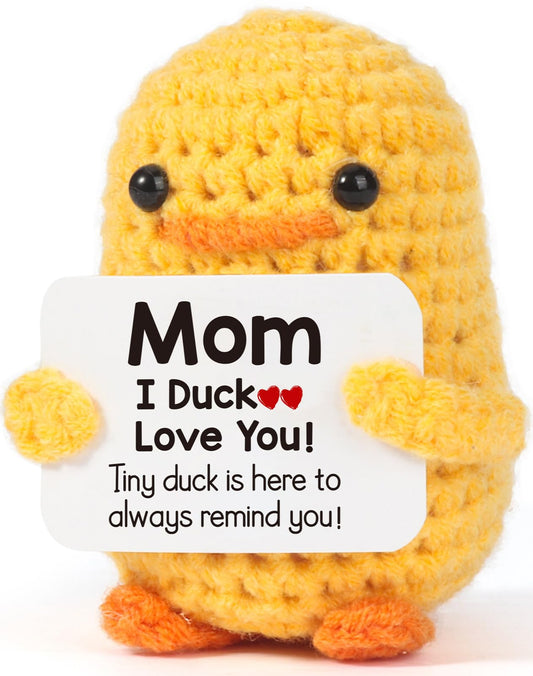 MBL crochet duck front view showing a pocket-sized mood booster for mom