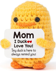 MBL crochet duck front view showing a pocket-sized mood booster for mom
