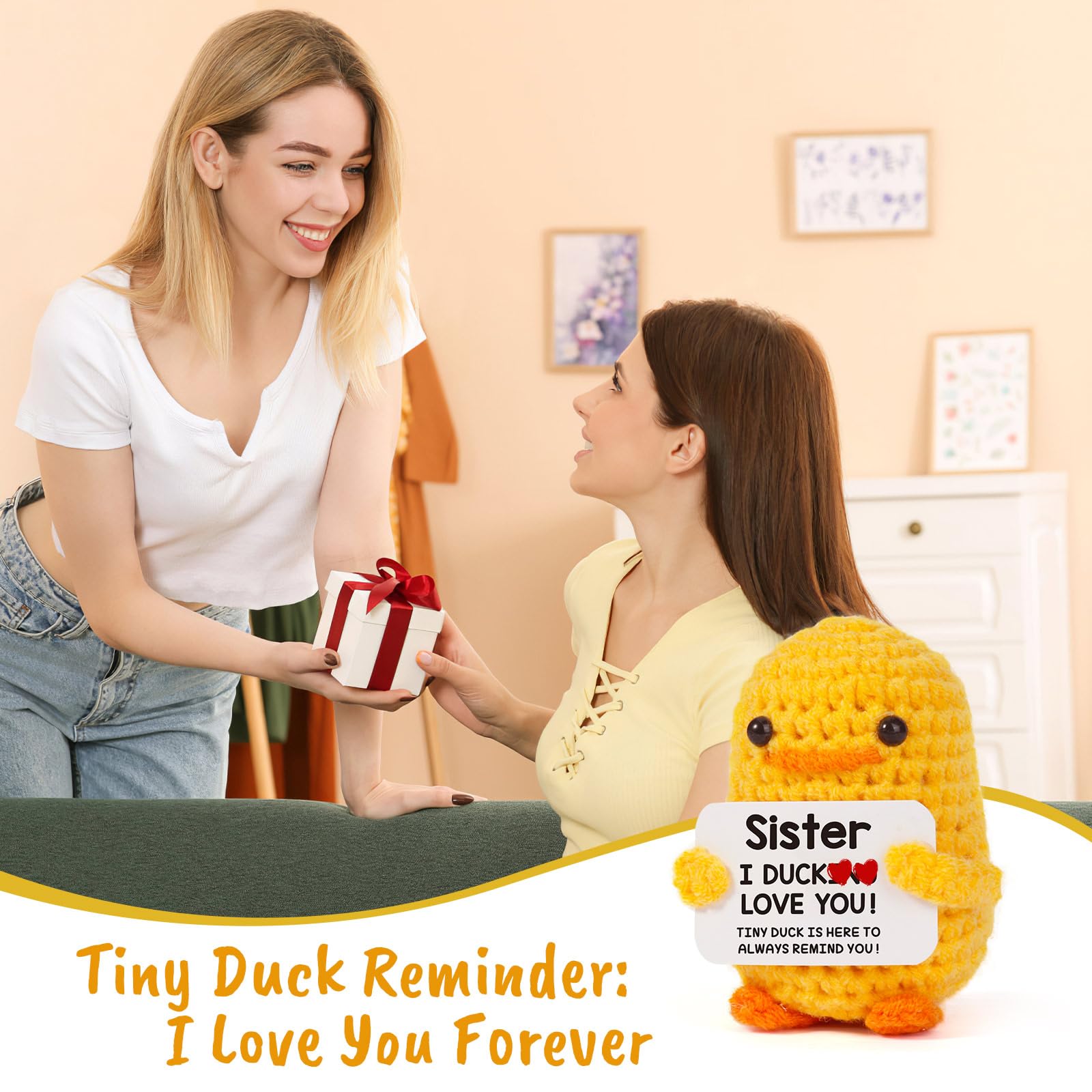 MBL compact crochet duck fits in backpacks and pockets