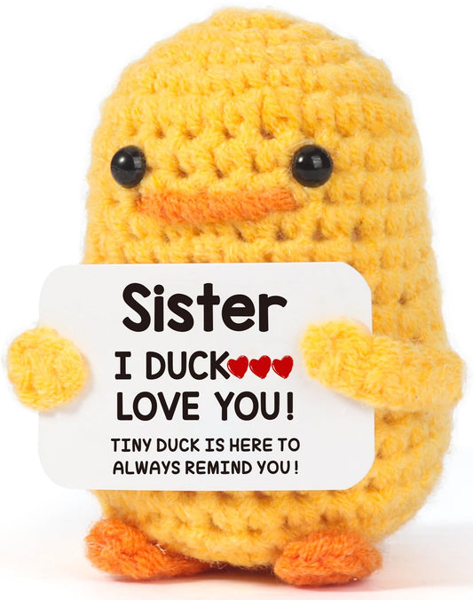 MBL crochet duck close-up showing handmade texture, a thoughtful sister birthday gift