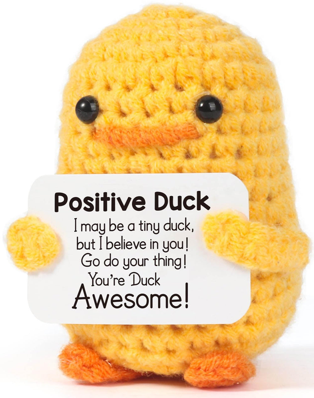 MBL crochet duck for women, a cheerful desk companion for daily motivation.