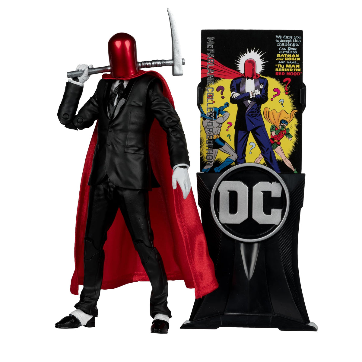 McFarlane Toys Red Hood Detective Comics figure front view highlights bold sculpt for display.